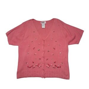 Vintage R & K‎ Cardigan Women's 14 Pink Grandma Cottagecore Embroidered Floral